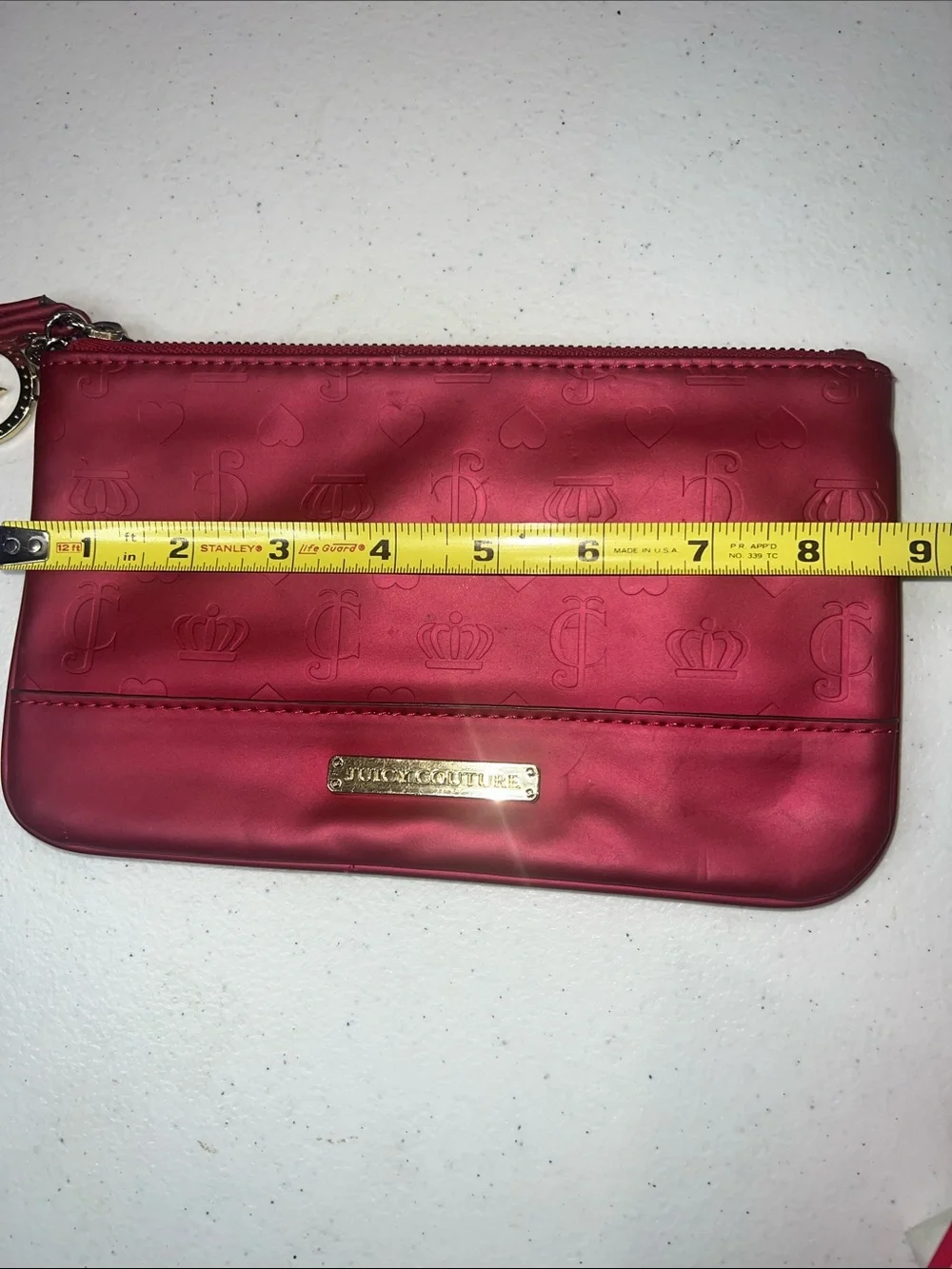 Juicy Couture Red Embossed Satin Wristlet Clutch with Gold Hardware
